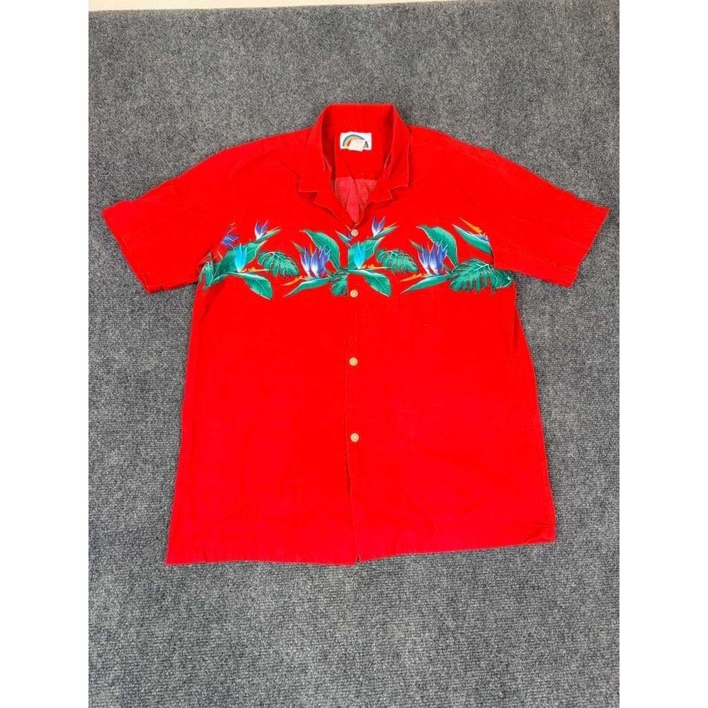 Vintage Paradise Found Shirt L‎ Red Floral Lightweight Beach Cotton USA Hawaiian